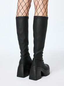 ROMWE Women's Gothic Punk Rock Side Zipper Wedge Heel Riding Boots, Y2K Lace-Up Motorcycle Boots, Slip-On Elastic Knee-High Boots - Black - View 5