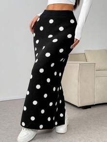 Chiquease 女式基本款简约波尔卡圆点可爱开叉下摆毛衣裙 - 黑與白 - 查看 7