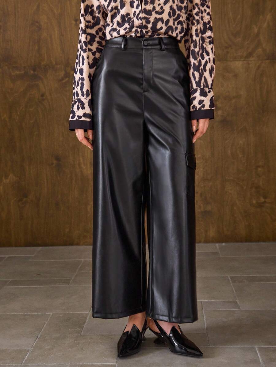 Hansera 1pc Women's Loose Casual Leather Pants