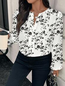 EMERY ROSE 休闲花卉图案优雅大码长袖衬衫，适合春秋季节 - 杏色 - 查看 6