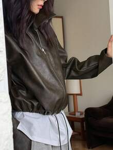 DAZY 女士短款立领PU皮夹克，都市休闲街头风外套 - 棕色 - 查看 4