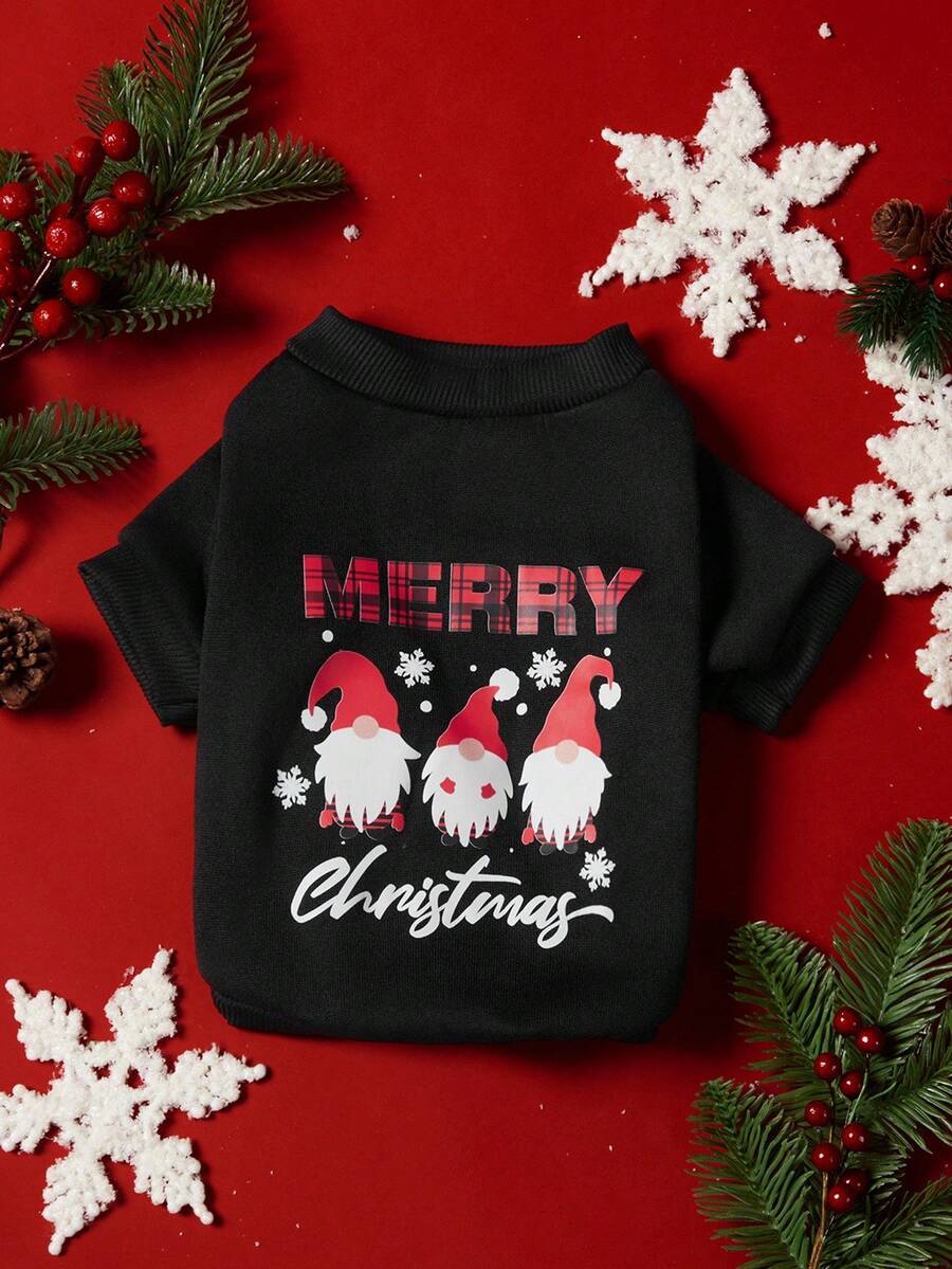 PETSIN 1 件宠物圣诞猫狗通用可爱圣诞小妖精圣诞快乐英文印花图案黑色抓绒保暖舒适狗狗圣诞服 - 黑色 - 查看 1