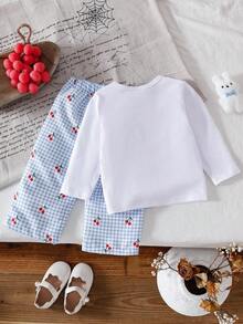 SHEIN Vintaside Kids 女婴樱桃印花T恤和格子裤套装 - 藍色 - 查看 2