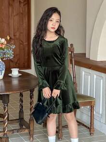 Dazy Kids Váy dài tay họa tiết hoa thanh lịch cho bé gái, mùa thu - màu xanh lá - Xem 6