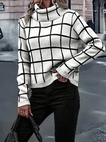 EMERY ROSE Damen Mode Lässig Karomuster Rollkragen Langarm Pullover