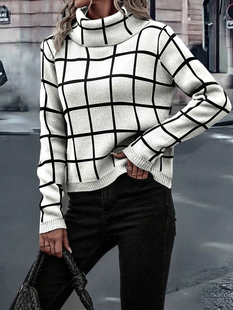 EMERY ROSE Women's Fashion Casual Plaid Print Turtleneck Long Sleeve Sweater, Christmas - White - View 5