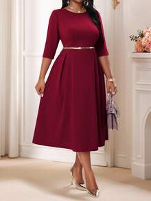 SHEIN Lady 大码女式优雅夏冬优雅紫色针织圆领飘逸长袖大码连衣裙化妆舞会礼服白色长袖连衣裙情人节服装，情人节 - 酒紅色 - 查看 3