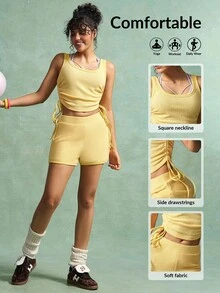 VARSIVA Workout Women Sets Women's Solid Color Side Drawstring Tank Top And Shorts Sports Suit - Yellow - View 2