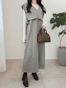 FRIFUL 女士时尚休闲V领人字纹长裙 - 卡其色 - 查看 2
