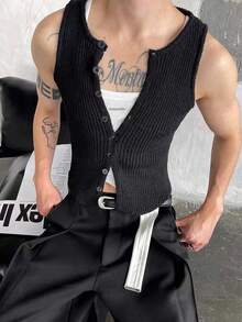 Manfinity Roghcode Men's Plain Single-Breasted Sleeveless Knit Tank Top, Summer, For Fall Winter - Black - View 1
