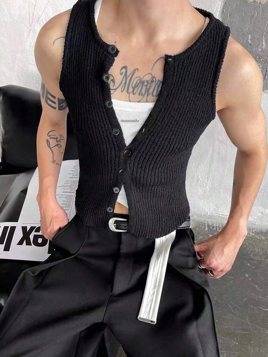 Manfinity Roghcode Men's Plain Single-Breasted Sleeveless Knit Tank Top, Summer, For Fall Winter - Black - View 1