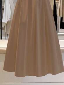 Franclia Chân váy xếp ly chữ A trơn màu đơn giản dành cho nữ - Màu nâu Sô-cô-la - Xem 4