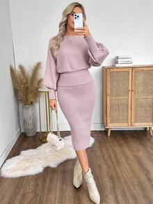 EMERY ROSE Ensemble 2 pièces Top à manches longues et jupe de couleur unie pour l'automne/hiver pour femmes - Rose bonbon - Voir 7