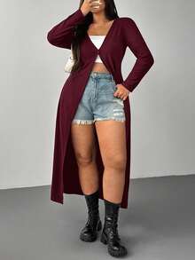 SHEIN EZwear 秋冬大码勃艮第纯色修身休闲开衫 - 酒紅色 - 查看 4