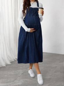 SHEIN 孕妇蓝色无袖褶皱荷叶边下摆休闲宽松牛仔连衣裙 - 藍色 - 查看 1