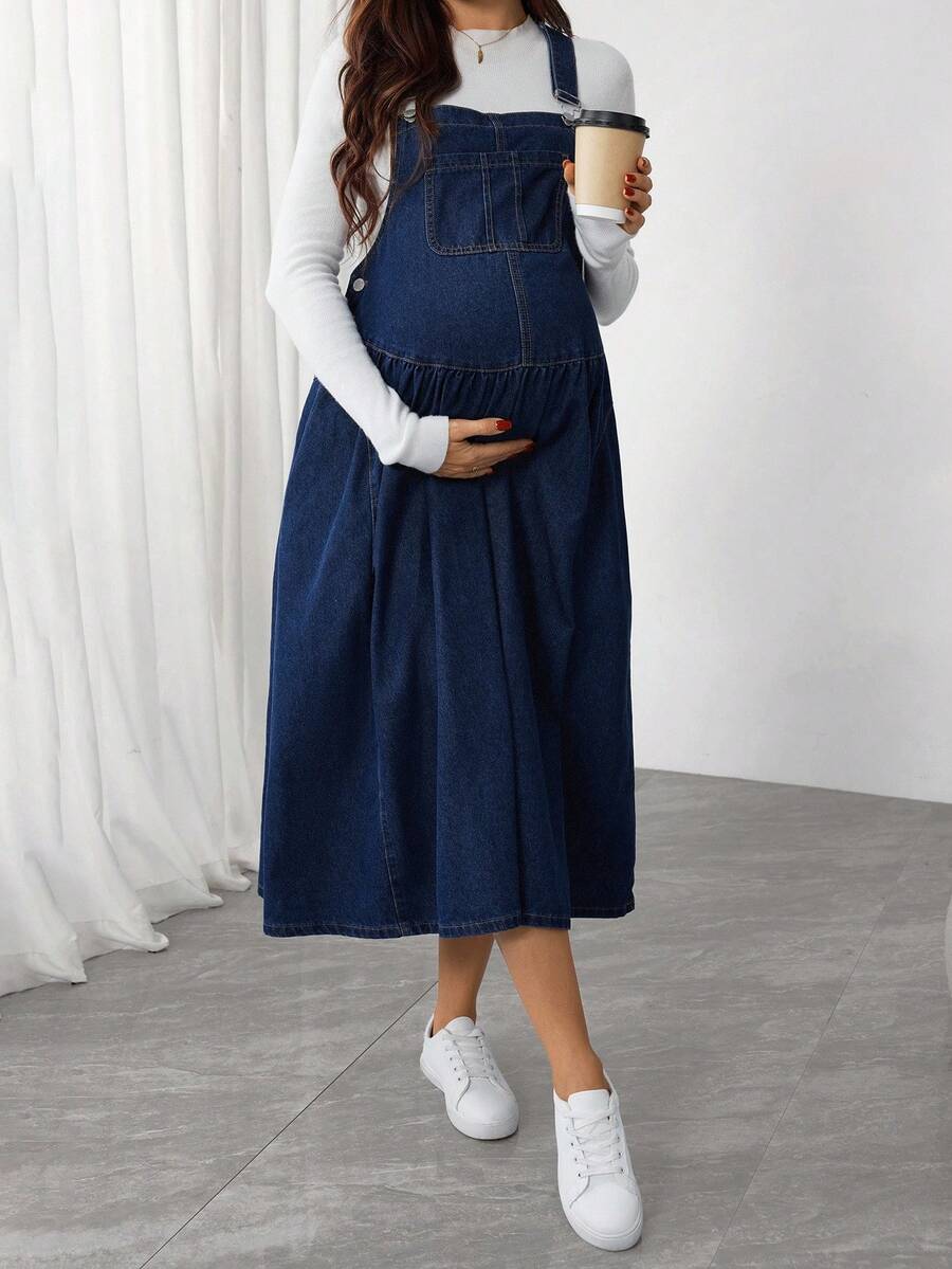 SHEIN 孕妇蓝色无袖褶皱荷叶边下摆休闲宽松牛仔连衣裙 - 藍色 - 查看 1