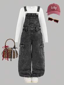 SHEIN Young Girl' Black Denim Bib Pants,Casual And Fashionable Vacation Outfits,Winter Clothes,Fall Clothes,Street Wear ,Denim Overall - Black - View 2