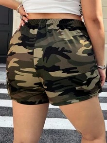 Muchica 大码休闲迷彩高腰开叉短裙短裤，夏季 - 軍綠色 - 查看 2