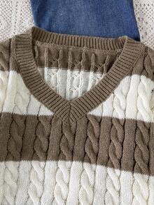SHEIN Tween Girls Striped Color Block Cable Knit V-Neck Lantern Sleeve Oversized Pullover Sweater, Suitable For Autumn/Winter Outings Fall - Khaki - View 4