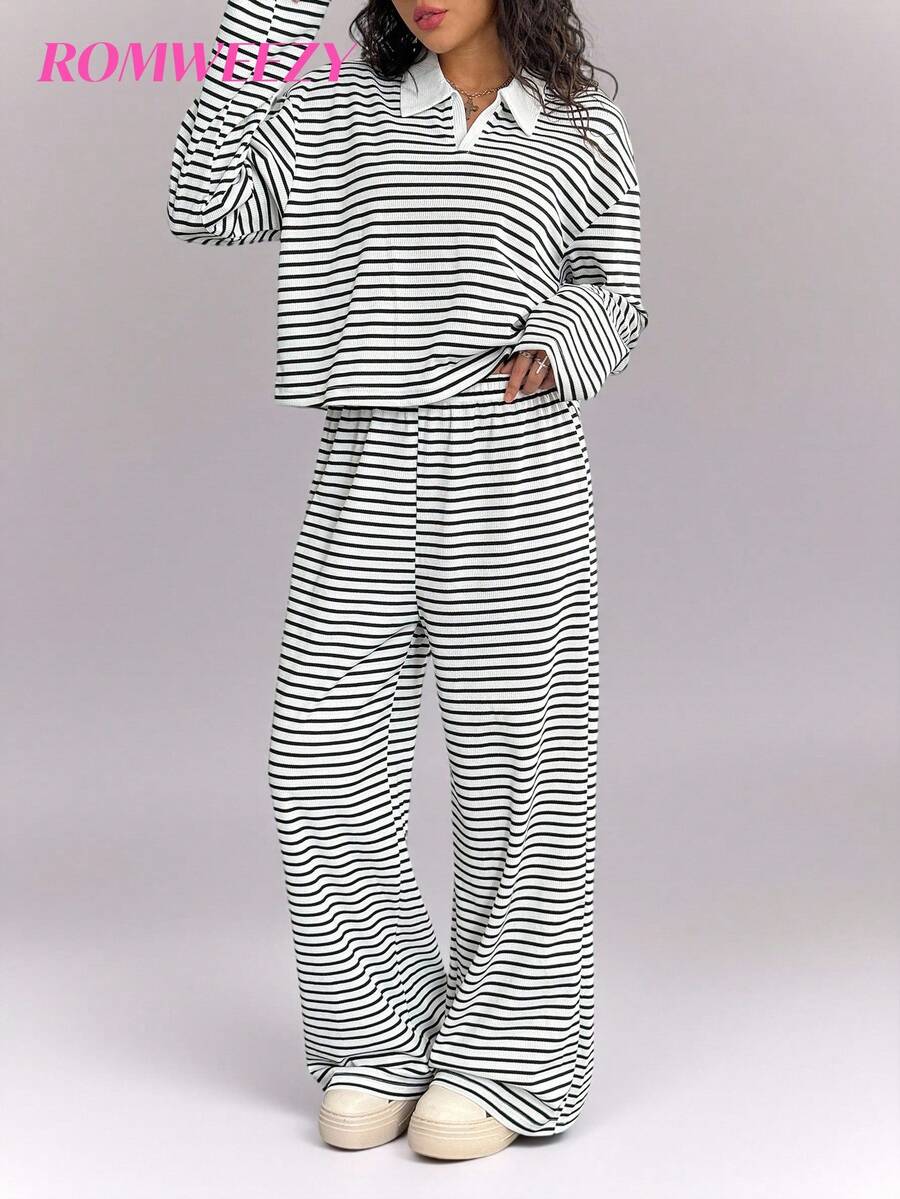 Sparklyn Teen Girls Polo Collar Drop Shoulder Long Sleeve Striped T-Shirt And Pants Casual Outfit, Autumn Fall Winter - Multicolor - View 1