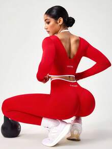 Seamluxe SHEIN Sport Camiseta Esportiva Vermelha Sem Costura Feminina, 2 em 1 de Manga Longa, Adequada para Fitness, Yoga e Uso Diário