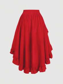 SHEIN MOD Women's Red Ruffle Hem Skirt, Retro Red Layered A-Line Skirt - Red - View 2