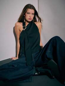 Nöista Asymmetrical Halter Top With Metal Ring Embellishments; A Statement Party Piece And Evening Option That Transitions Well From Fall To Winter. Perfect For Halloween, Going Out, Party, Christmas - Black - View 3