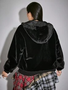 ROMWE Grunge Punk 大码女式羊毛混纺保暖内衬外套，仿毛皮羊羔绒大衣，双面可穿/冬季款 - 黑色 - 查看 3