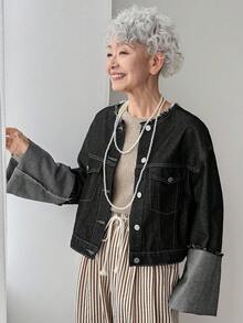 女士时尚通勤短款牛仔夹克 - 黑色 - 查看 7