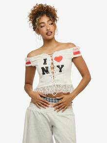 SUMWON WOMEN Gorset bardot z odkrytymi ramionami, koronką, nadrukiem w serca i koronkowymi wykończeniami, idealny na letnie festiwale - Biały - Zobacz 6