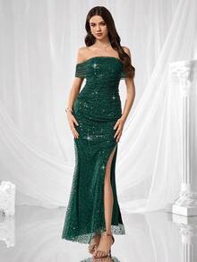 Coutiva 女式正装亮片拼接露肩高开衩长裙（重饰） - 墨綠色 - 查看 12