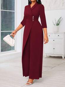 SHEIN Lady 2025 New  Plus Size Women's Burgundy  Wide Leg Jumpsuit V Neck Long Sleeve With Cross Neck And Pearl Decor Concert Women Outfit Women Jumpsuit Four Seasons Burgundy Long Sleeve Women Jumpsuit Fall Clothes For Women  Winter Clothes For Women Halloween Costume New Year Outfit Christmas Clothes