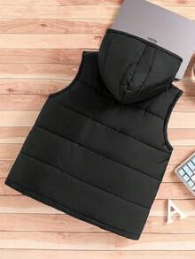 Boys Casual Hooded Cotton Padded Vest, Suitable For Daily Leisure And Winter Outings Fall - Black - View 2