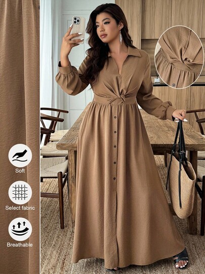 Weeklong Vestido camisa casual de manga larga de un solo pecho con nudo en la cintura de unicolor para mujer de talla grande