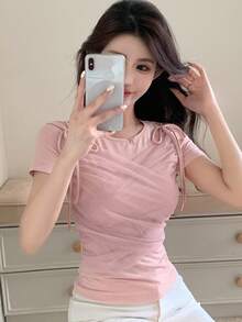 DAZY 女士夏季圆领网眼拼接甜美可爱短袖T恤