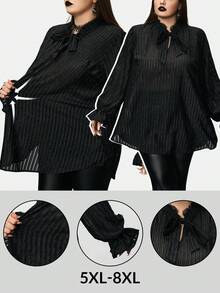 SHEIN CURVE+ 大码女式黑色长袖条纹衬衫万圣节/万圣节服装女士/万圣节服装/万圣节衬衫/冬季/秋季 - 黑色 - 查看 1