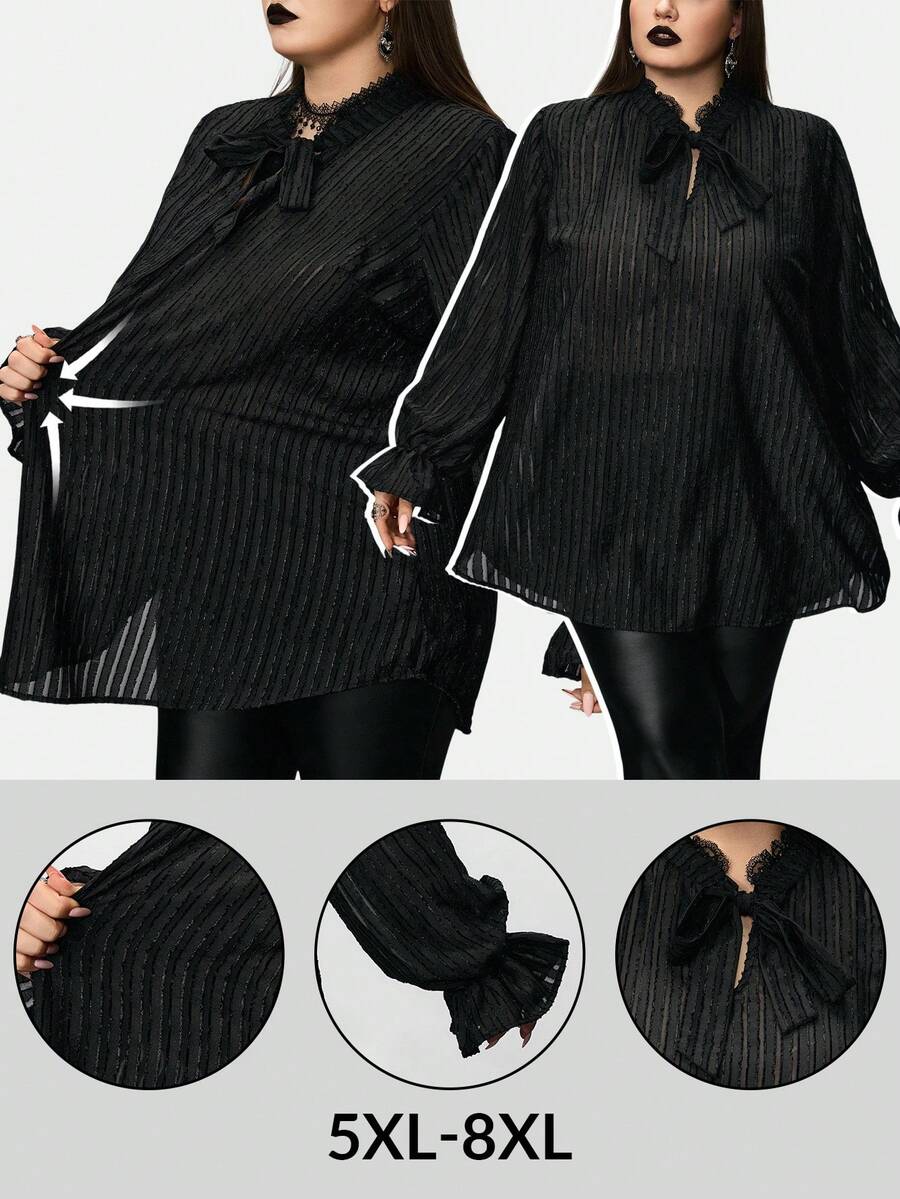 SHEIN CURVE+ 大码女式黑色长袖条纹衬衫万圣节/万圣节服装女士/万圣节服装/万圣节衬衫/冬季/秋季 - 黑色 - 查看 1