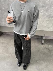 Manfinity VCAY 男士字母刺绣休闲宽松长袖T恤，秋季 - 灰色 - 查看 1