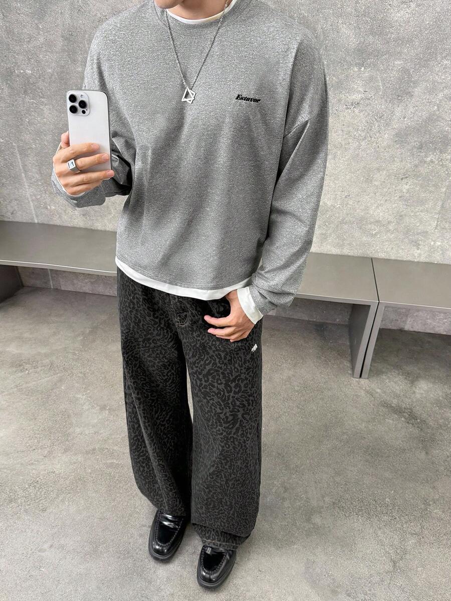 Manfinity VCAY 男士字母刺绣休闲宽松长袖T恤，秋季 - 灰色 - 查看 1