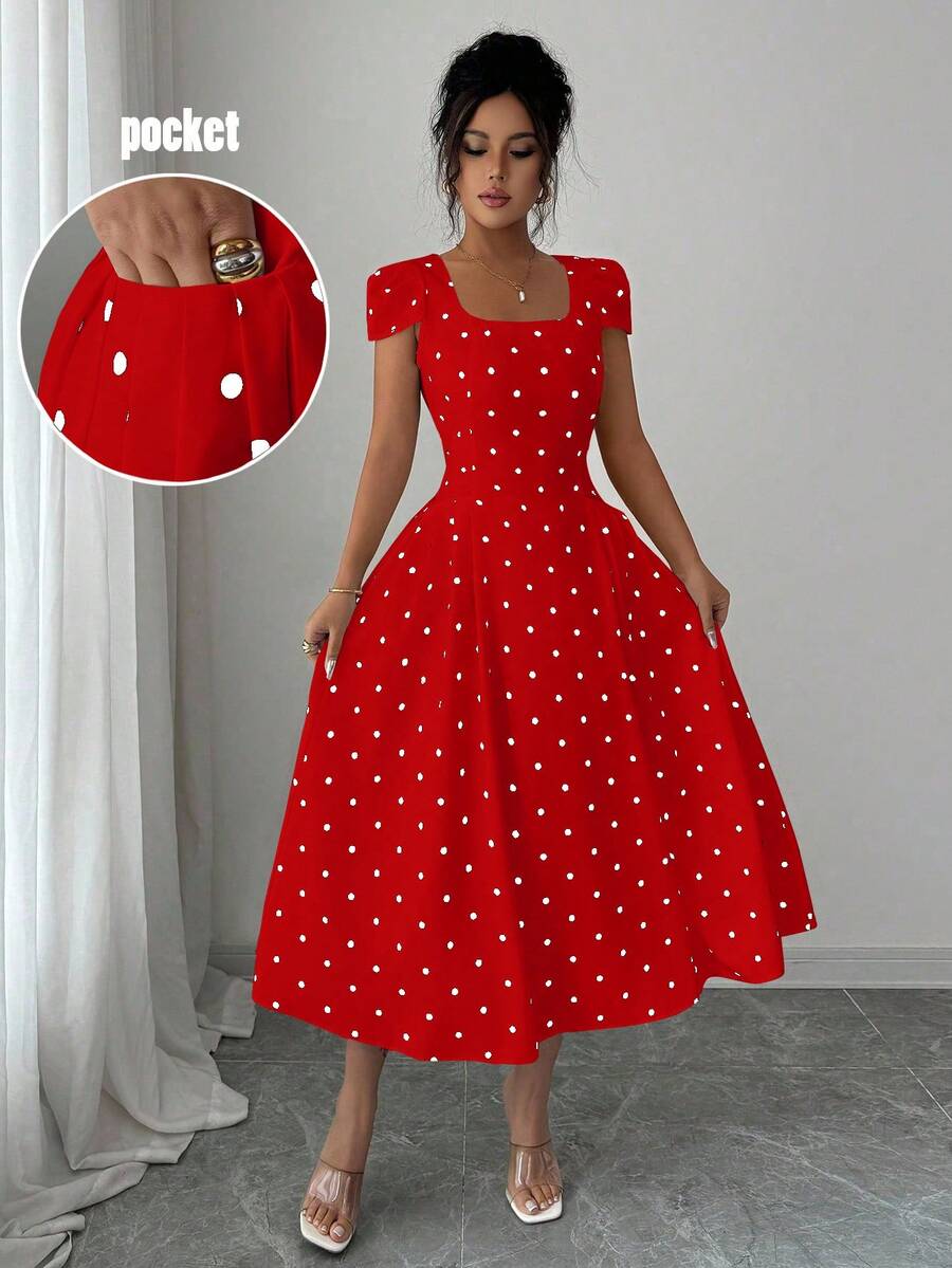 Elenzga Women's Elegant Polka Dot Print Ruched Waist Square Neck Short Sleeve Maxi Dress - Red - View 1