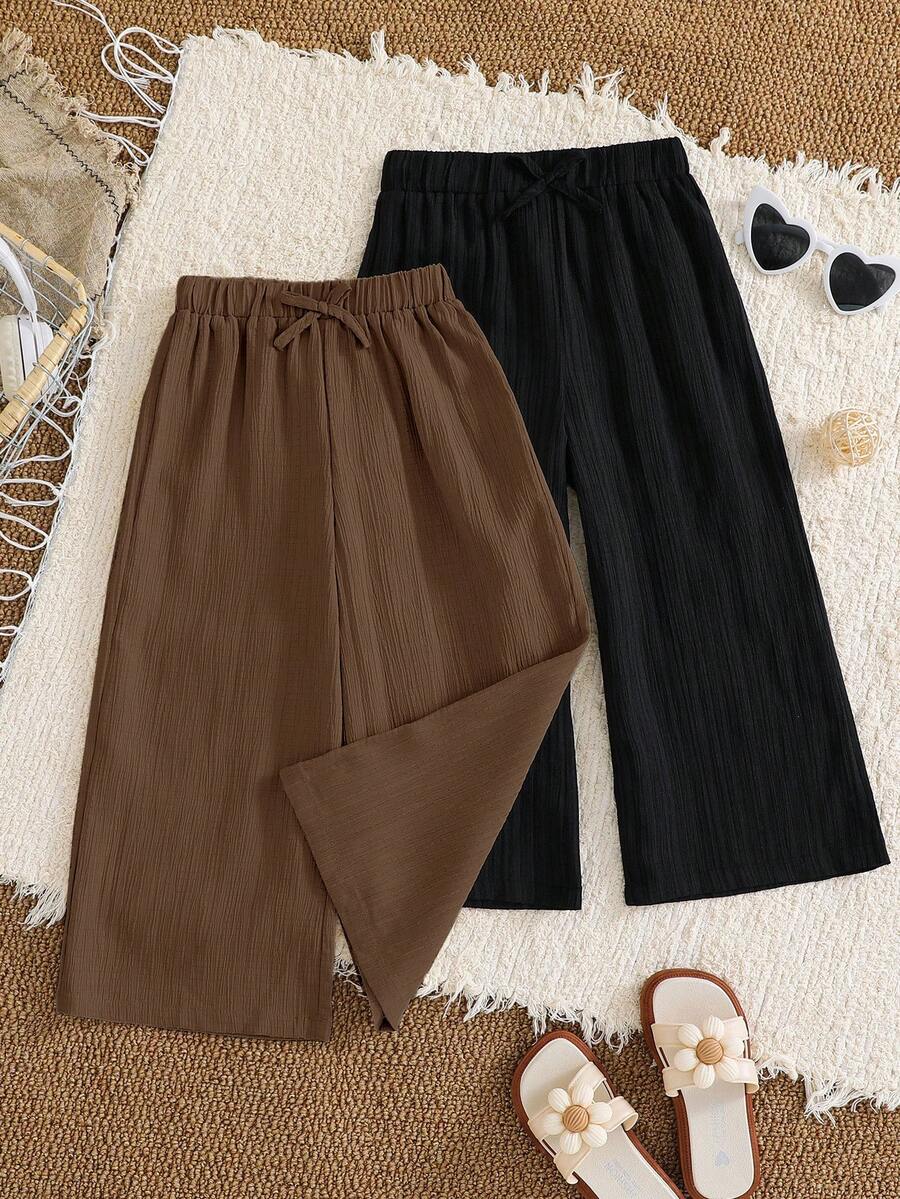 SHEIN LMoss Kids 2件套少女梭织纯色宽松休闲裤套装 - 咖啡棕 - 查看 1