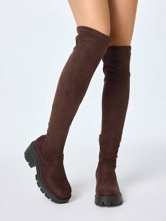 Goth بوت نسائية طويلة فوق الركبة مريحة برؤوس مستديرة وكعب كتلي سميك، بوت طويلة حتى الفخذ للخريف مع سحاب جانبي وخيط قابل للتعديل