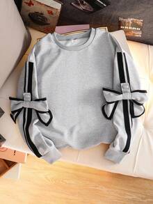 SHEIN 1pc Tween Girls Oversized Crew Neck Long Sleeve Sweatshirt, Loose Fit With Detachable Bowknot Cuff Decoration, Casual Pullover For Autumn Fall Winter - Grey - View 6
