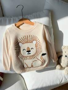 SHEIN 可爱狮子图案长袖圆领毛衣针织上衣，柔软舒适休闲日常穿着，适合室内、户外、日常、运动、玩耍、派对、摄影、节日、秋冬季男婴、女婴 - 米色 - 查看 5