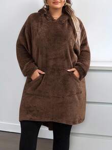 SHEIN CURVE+ Plus-Size Women's Solid Color Hooded Animal-Ear Mid-Length Sweater In Fall/Winter - Brown - View 2