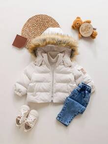 SHEIN Babygirl Cute Autumn/Winter Versatile Warm Fleece Hooded Padded Coat Fall - Apricot - View 4