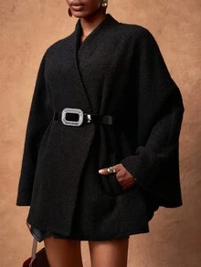 Zivah 2025 Autumn And Winter New Casual Commuting Loose Gray Woolen Bat Sleeve Woolen Coat Women Coat, With Metal Belt, Suitable For Daily Travel, Commuting, Party Gatherings, Festivals, Travel, Casual -A