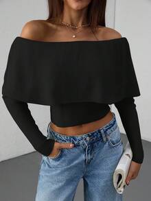SHEIN Cottnline Casual Off Shoulder Bardot Ruffle Neckline Long Sleeve Sweater - Black - View 8