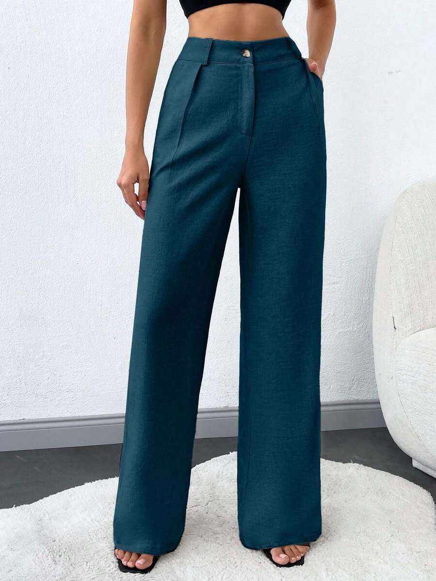 SHEIN Tall 100%纯棉高腰女士纯色斜口袋直筒裤 - 墨綠色 - 查看 1