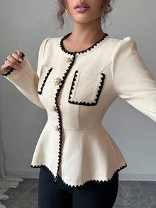 Elenzga 女式长袖粗花呢圆领收腰A字型优雅通勤百搭衬衫 - 杏色 - 查看 5